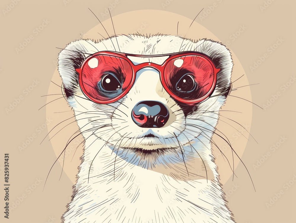Stylish illustrated ferret wearing red sunglasses and staring forward, in a beige background