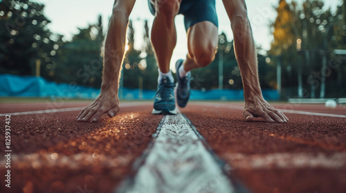 Close up of male athlete getting ready to start running on track . Focus on sneakers. © Alex Alex