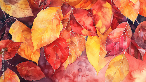 Vibrant Watercolor Autumn Leaves in Red, Orange, and Yellow Tones