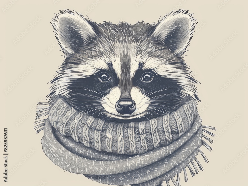 Stylized illustration of a raccoon wearing a cozy scarf. Perfect for winter-themed designs and whimsical artwork.