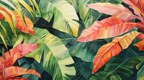 Lush Tropical Watercolor Leaves in Vibrant Hues - Exotic Patterns and Stunning Colors for Beautiful Nature Artwork
