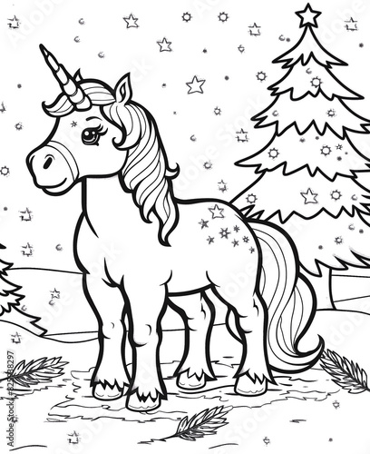 Cute and cheerful unicorn under Christmas tree. Coloring book page.