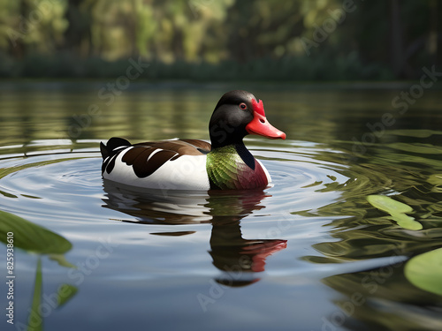 family of ducks, nducks on the water ,Wild Muscovy Duck is swimming in a pond at a wildlife refuge in Rome Georgia photo