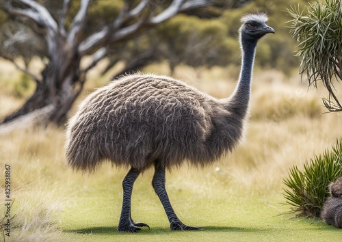 An emu was spotted grazing in the bush. The emu, the second-largest living bird, is currently enda. photo