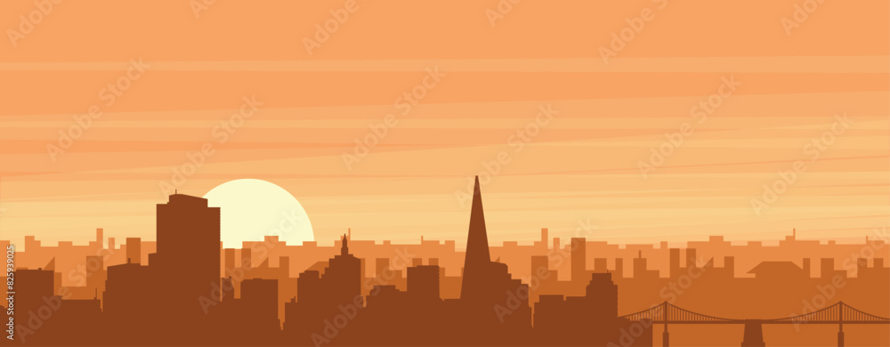 Fototapeta premium Brown panoramic poster of the city skyline with misty background buildings, sunrise, clouds and mountains of SAN FRANCISCO, UNITED STATES