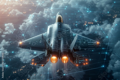 Sight aimed at fighter jet, satellite target, laser beam, digital tracking of tactical weapon from space, Modern tactical jet fighter shooting flares