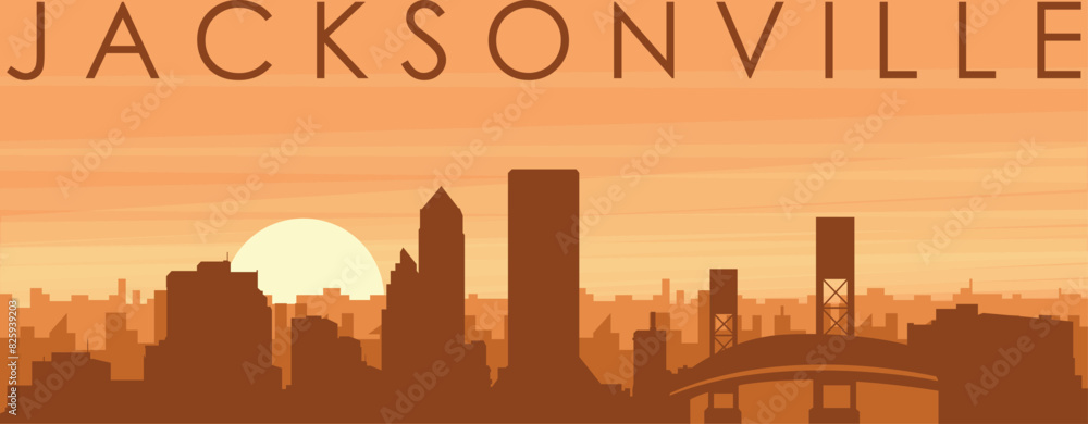 Brown panoramic poster of the city skyline with misty background buildings, sunrise, clouds and mountains of JACKSONVILLE, UNITED STATES Brown panoramic poster of the city skyline with misty background buildings, sunrise, clouds and mountains of JACKSONVILLE, UNITED STATES