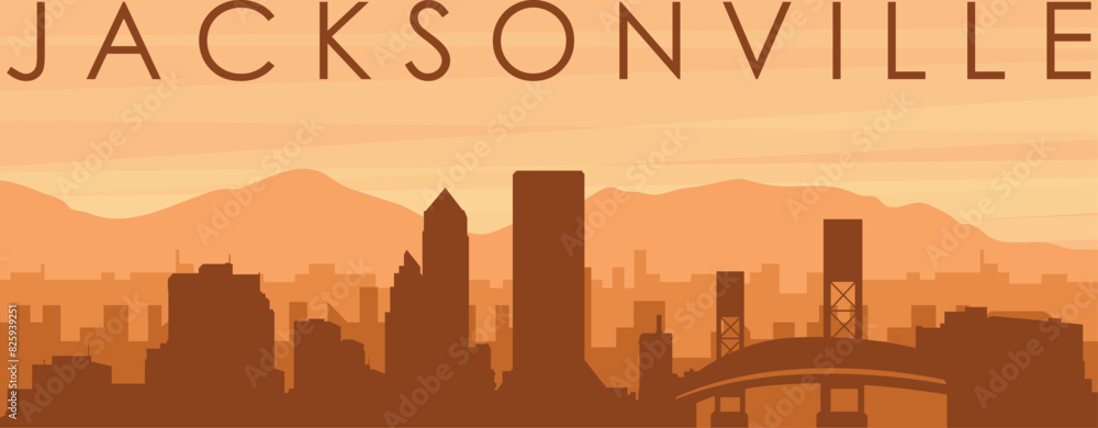 Brown panoramic poster of the city skyline with misty background buildings, sunrise, clouds and mountains of JACKSONVILLE, UNITED STATES Brown panoramic poster of the city skyline with misty background buildings, sunrise, clouds and mountains of JACKSONVILLE, UNITED STATES