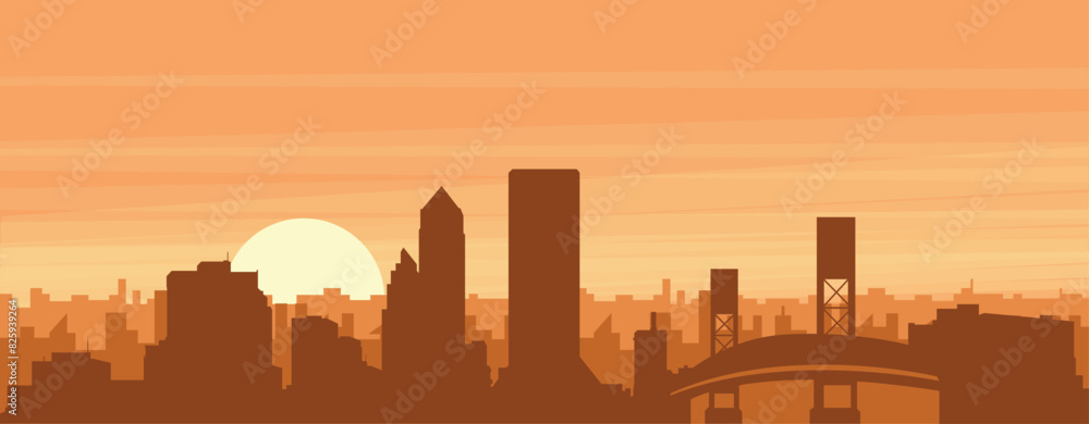 Brown panoramic poster of the city skyline with misty background buildings, sunrise, clouds and mountains of JACKSONVILLE, UNITED STATES Brown panoramic poster of the city skyline with misty background buildings, sunrise, clouds and mountains of JACKSONVILLE, UNITED STATES