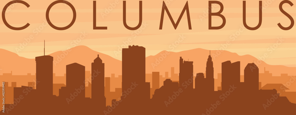 Brown panoramic poster of the city skyline with misty background buildings, sunrise, clouds and mountains of COLUMBUS, UNITED STATES Brown panoramic poster of the city skyline with misty background buildings, sunrise, clouds and mountains of COLUMBUS, UNITED STATES