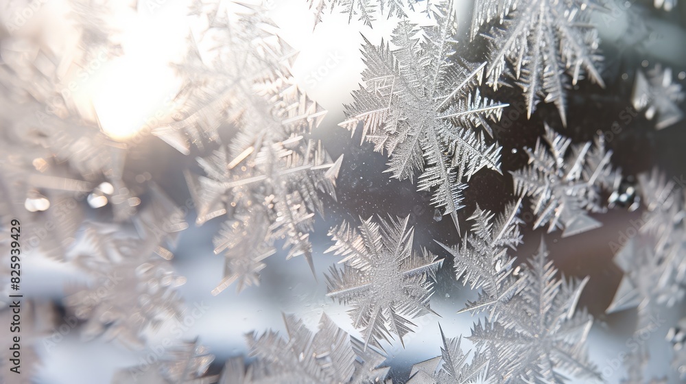 a macro view of ice crystals forming on a glass surface for a frosty texture background 