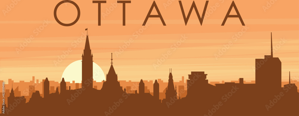 Brown panoramic poster of the city skyline with misty background buildings, sunrise, clouds and mountains of OTTAWA, CANADA Brown panoramic poster of the city skyline with misty background buildings, sunrise, clouds and mountains of OTTAWA, CANADA