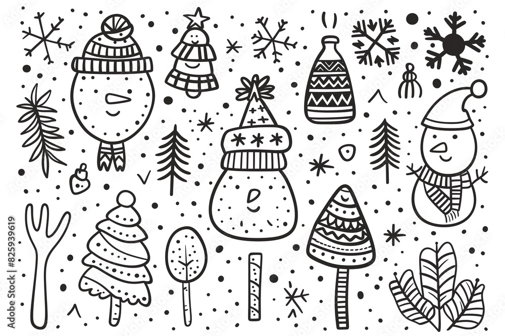 Cute and cheerful Christmas characters. Coloring book page. Cute and cheerful Christmas characters. Coloring book page.