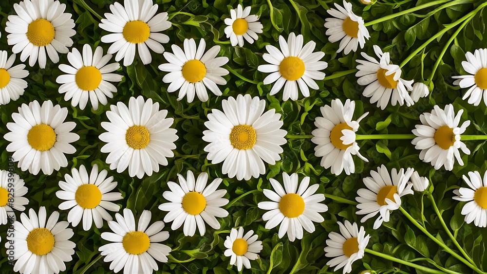 Daisy pattern top view flat lay floral pattern of white chamomile flowers on green background summer concept Daisy pattern top view flat lay floral pattern of white chamomile flowers on green background summer concept