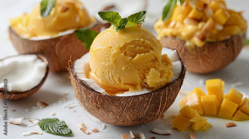 Refreshing mango ice cream served in coconut shells, garnished with fresh mint and coconut pieces for a tropical dessert delight. Refreshing mango ice cream served in coconut shells, garnished with fresh mint and coconut pieces for a tropical dessert delight.