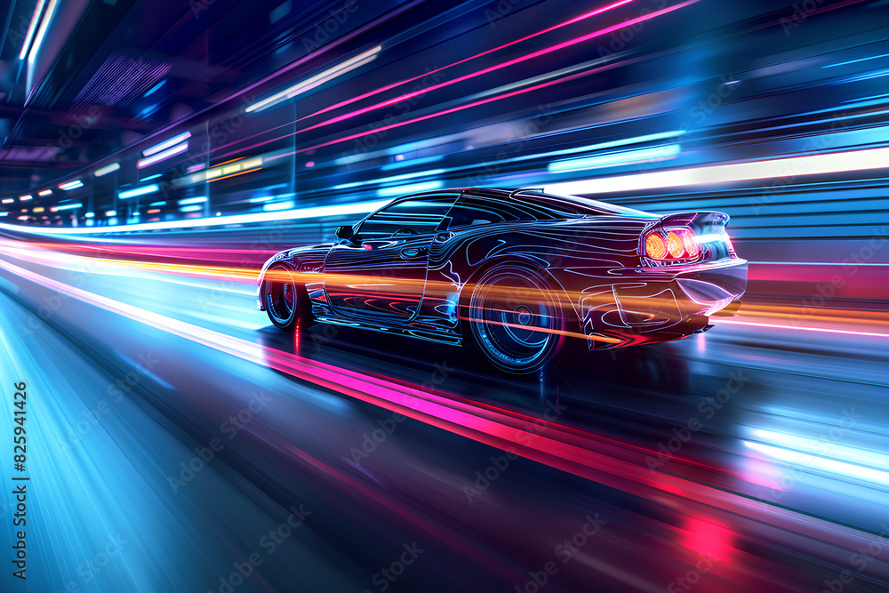 car driving on cyberpunk city street vector neon 3d rendering car driving on cyberpunk city street vector neon 3d rendering