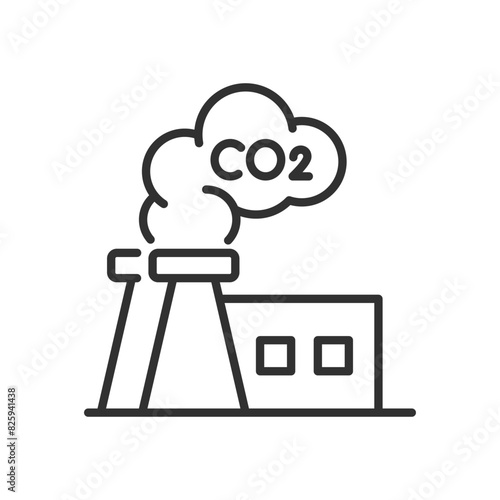 The factory emits carbon dioxide through a pipe, linear icon. Environmentally harmful production. Line with editable stroke