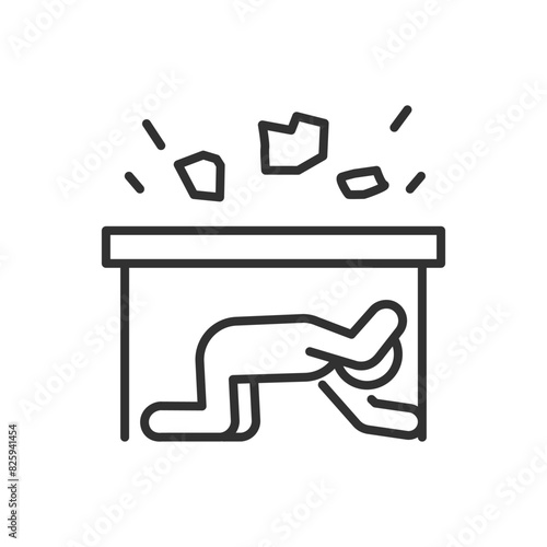 Person hides from a rockfall under a table, linear icon. Hiding from falling objects under stable furniture. Rule of behaviour in an earthquake. Line with editable stroke