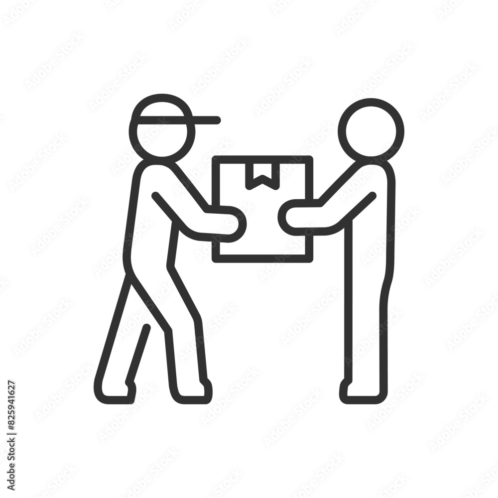 Receiving a parcel, linear icon. The delivery man gives the parcel away. Courier delivery in hand. Line with editable stroke Receiving a parcel, linear icon. The delivery man gives the parcel away. Courier delivery in hand. Line with editable stroke