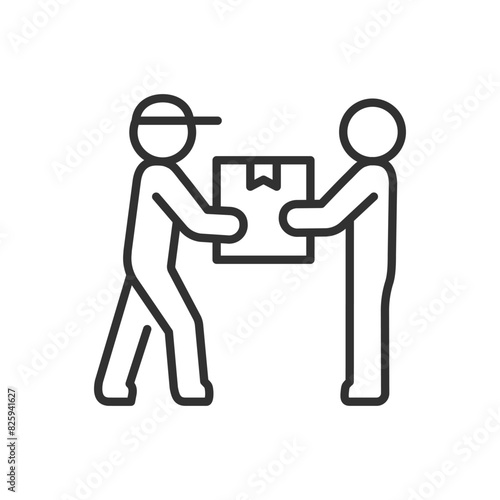 Receiving a parcel, linear icon. The delivery man gives the parcel away. Courier delivery in hand. Line with editable stroke