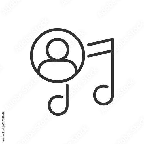 The music of the performer, linear icon. Note and a person. A person and a note. Line with editable stroke