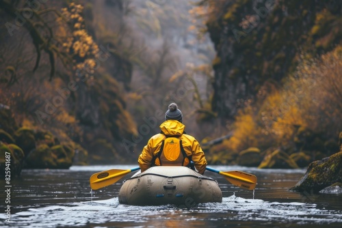 Sports Concept: A man in a yellow jacket is riding a raft in a river