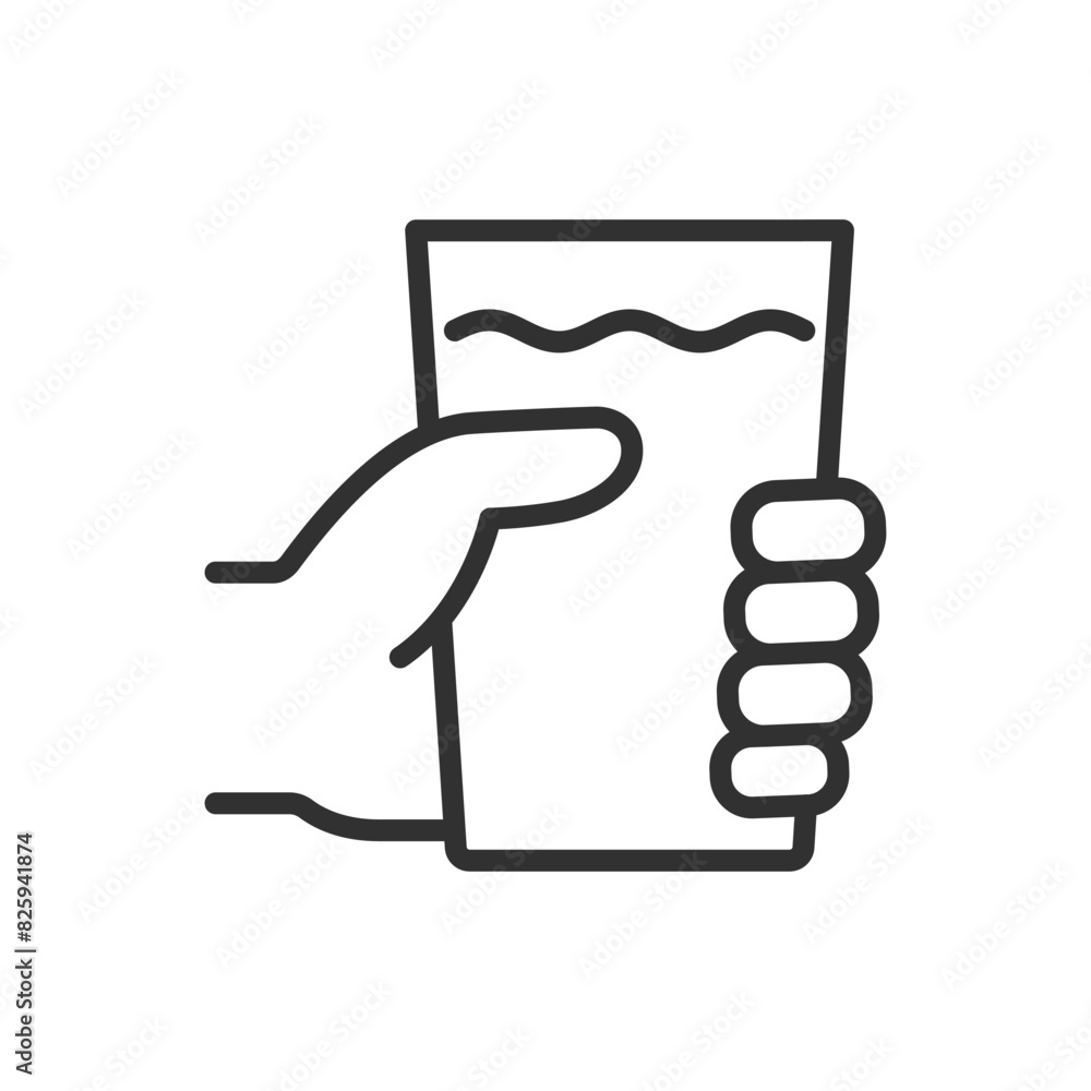 A glass of water in hand, linear icon. Line with editable stroke A glass of water in hand, linear icon. Line with editable stroke