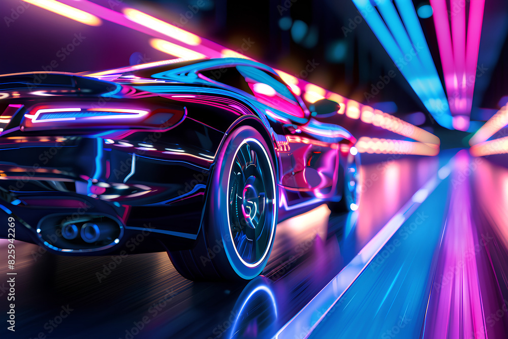car driving on cyberpunk city street vector neon 3d rendering