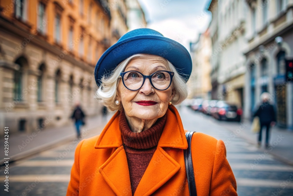 Portrait of a stylish, fashionable elderly woman, a pensioner of 70 years old, on a city street with glasses and a bright orange coat. The concept of the elderly. Portrait of a stylish, fashionable elderly woman, a pensioner of 70 years old, on a city street with glasses and a bright orange coat. The concept of the elderly.