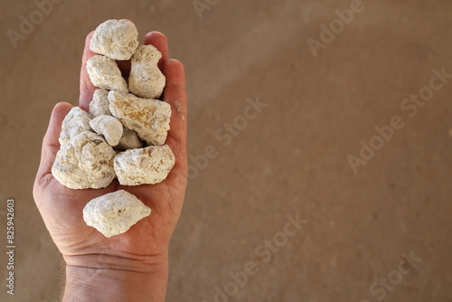 Magnesite (magnesium carbonate, MgCO3) ore, industrial mineral, Mg. Hand, copy space. Mined in Russia, China, Turkey, Brazil, Australia, Austria, Spain, Slovakia, Greece, Saudi Arabia photo