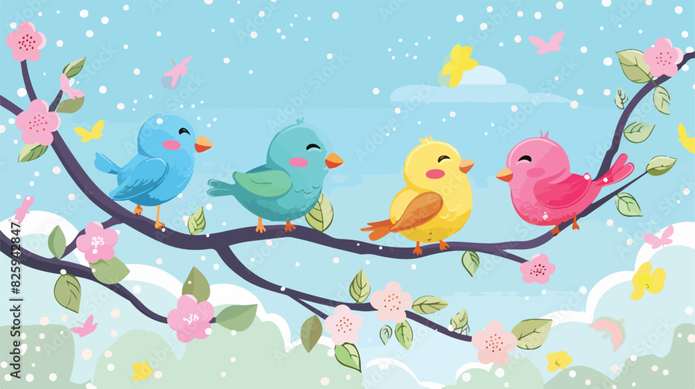 Kids birds branches. Bird family on trees branch