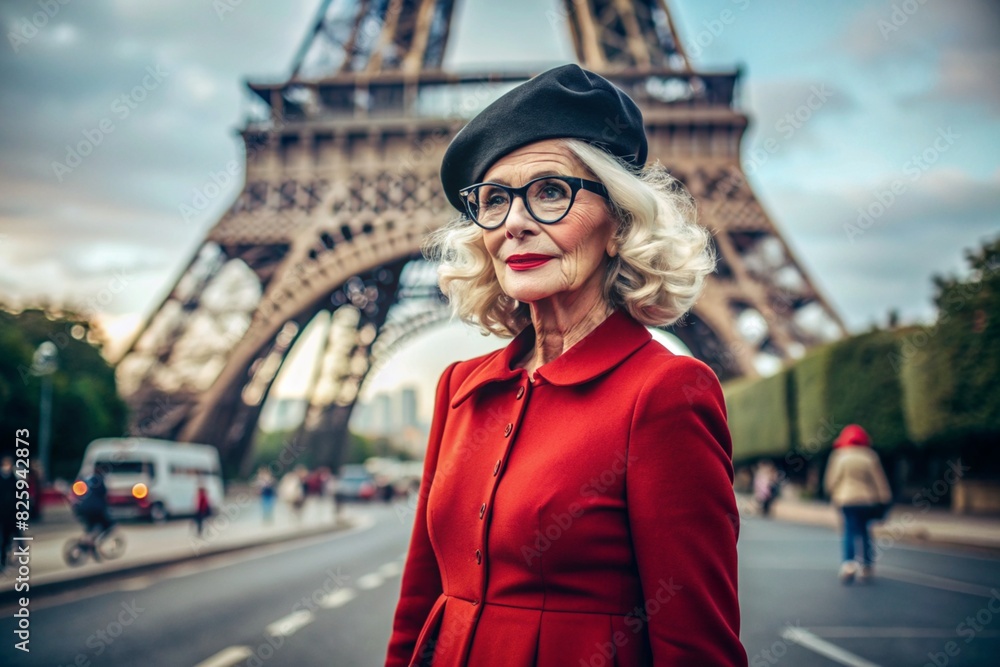 Portrait of a stylish, fashionable elderly woman, a pensioner of 70 years old, on a French street wearing glasses, a black beret and bright red clothes. The concept of the elderly.