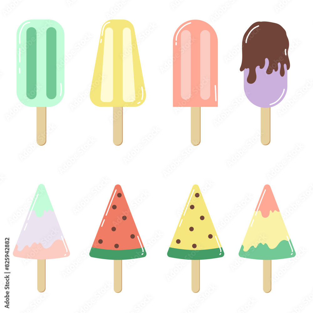 Ice cream popsicle flat style collection. Simple retro ice cream stick illustrations. Ice cream popsicle flat style collection. Simple retro ice cream stick illustrations.