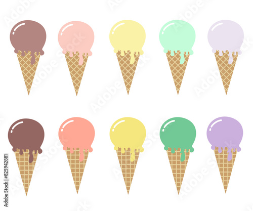 Ice cream cone flat style collection. Simple retro ice cream dessert illustrations.
