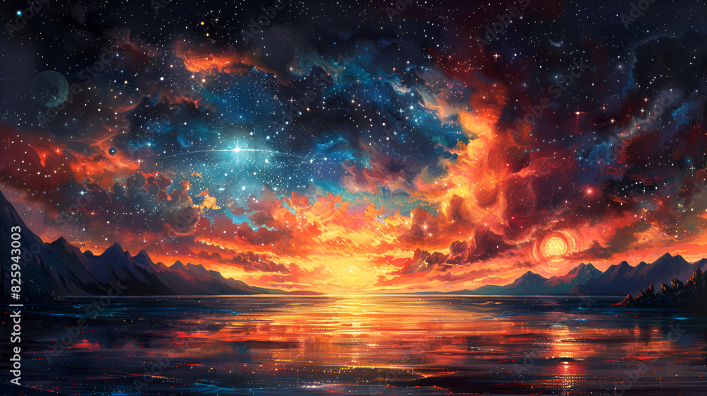 The starry night sky divided into puzzle pieces,
A painting of a planet with a colorful sky and a river.
