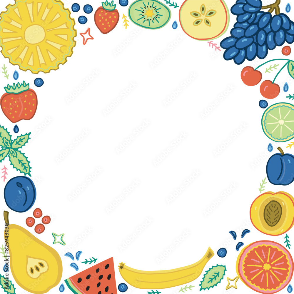 Circle template design adorned with fruit and berry motifs and a blank center. Booklet design featuring fruit and berry decor. Circular frame design showcasing natural products: fruits and berries.