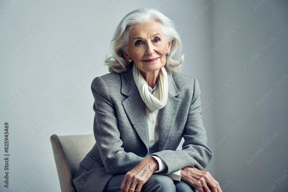Minimalism. A studio portrait of a stylish, elegant elderly woman, a pensioner of 70 years old, in an interior and clothes of calm tones. The concept of the elderly. Minimalism. A studio portrait of a stylish, elegant elderly woman, a pensioner of 70 years old, in an interior and clothes of calm tones. The concept of the elderly.