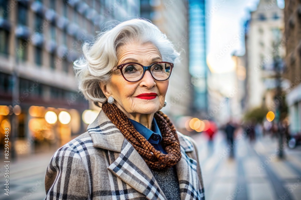 Portrait of a stylish, fashionable elderly woman, a pensioner of 70 years old, on the street with glasses and clothes in calm beige tones. The concept of the elderly. Portrait of a stylish, fashionable elderly woman, a pensioner of 70 years old, on the street with glasses and clothes in calm beige tones. The concept of the elderly.