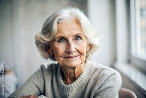 Minimalism. A studio portrait of a stylish, elegant elderly woman, a pensioner of 70 years old, in an interior and clothes of calm tones. The concept of the elderly. photo