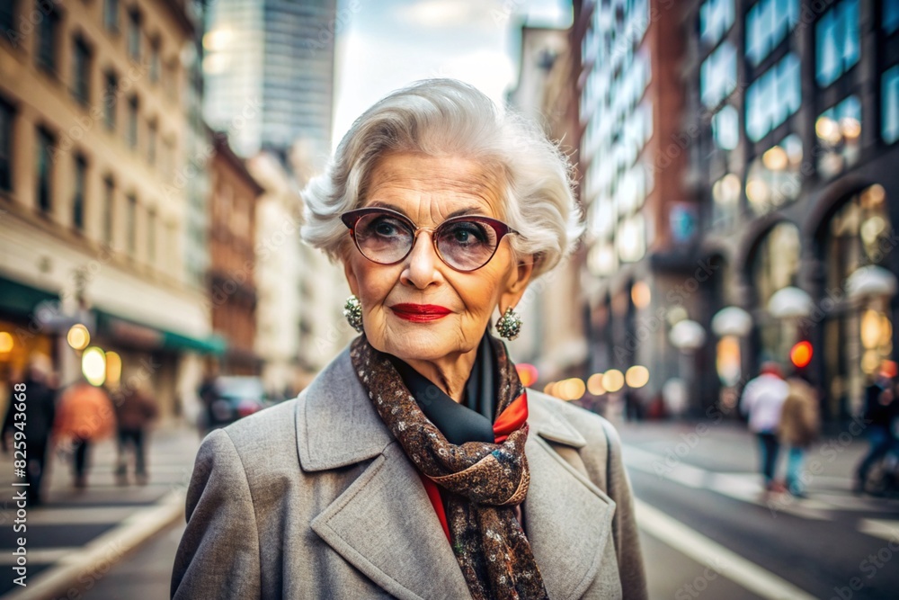 Fototapeta premium Portrait of a stylish, fashionable elderly woman, a pensioner of 70 years old, on the street with glasses and clothes in calm beige tones. The concept of the elderly.