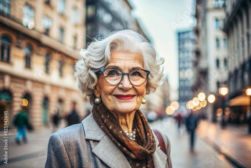 Portrait of a stylish, fashionable elderly woman, a pensioner of 70 years old, on the street with glasses and clothes in calm beige tones. The concept of the elderly. photo