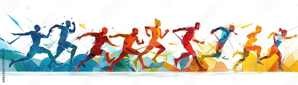 Vibrant watercolor silhouettes of runners in motion, showcasing dynamic, energetic figures in a colorful, artistic composition.