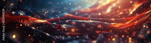 Vibrant, abstract image of a flowing American flag with light effects and bokeh. Symbolizes patriotism, freedom, and national pride.