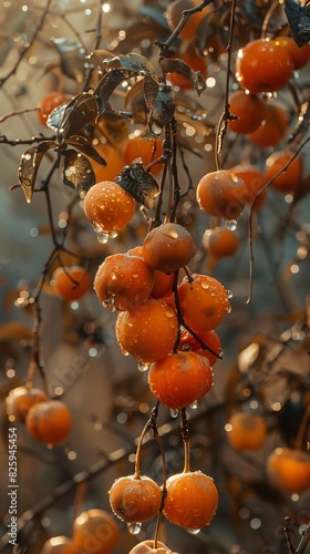 A bunch of persimmons tumbling down from a tree 