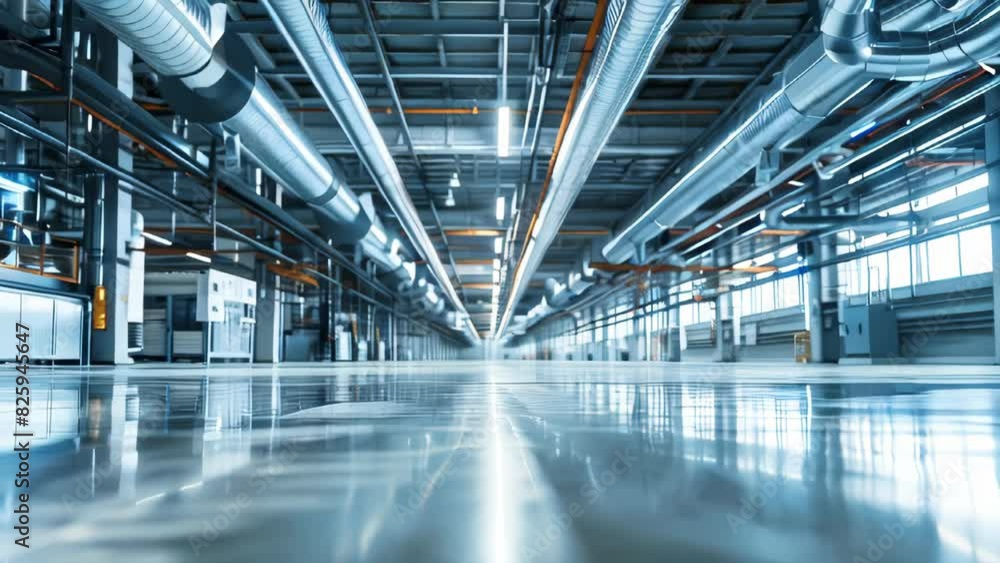A wide shot of an empty factory hall with industrial air flow pipes and modern equipment A wide shot of an empty factory hall with industrial air flow pipes and modern equipment