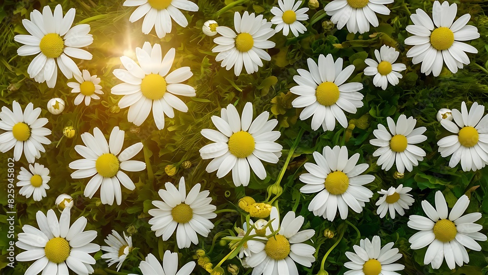 Daisy pattern top view flat lay floral pattern of white chamomile flowers on green background summer concept