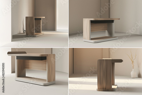 3D rendered minimalistic info desk, showcased in multiple views. Ultra high definition mockup. photo