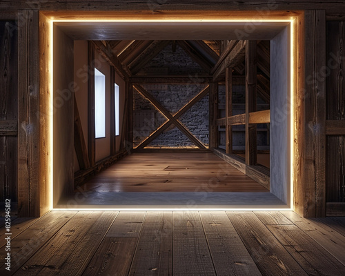 Modern wooden-floored room with a wooden frame illuminated by a gunmetal gray light border.