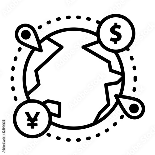 Image icon for expanding international market acquisition. Around the globe are pins representing destinations, dollars, and the Japanese currency yen.