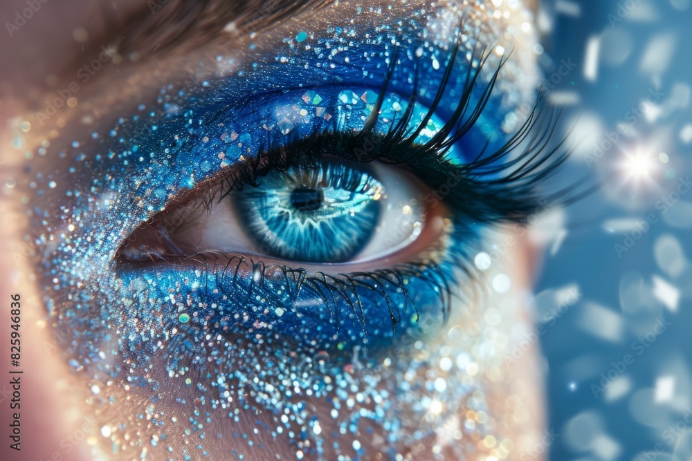 Sparkling blue eye with frosty makeup, capturing winter's essence and icy beauty in a close up portrait Sparkling blue eye with frosty makeup, capturing winter's essence and icy beauty in a close up portrait